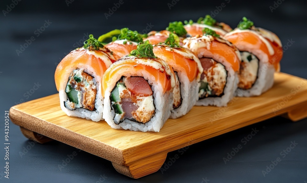 delicious salmon sushi rolls with creamy sauce and green garnish on wooden plate. delicious salmon sushi rolls with creamy sauce and green garnish on wooden plate.