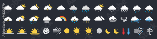 Weather web icon set. Weather , clouds, sunny day, moon, snowflakes, wind, sun day. Forecast weather flat symbols. Pictogram vector illustration.