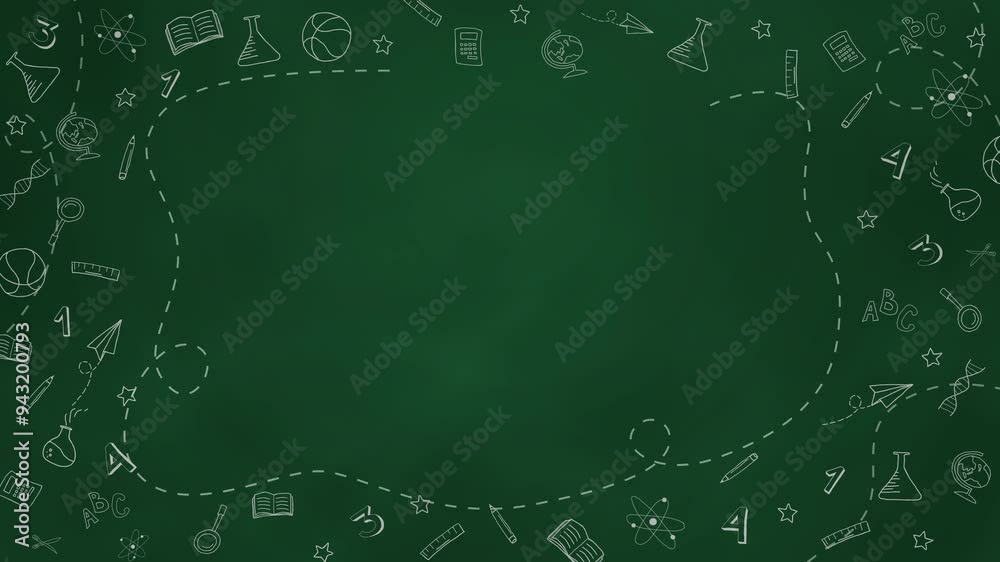 Back to school in chalk doodle style on blackboard. Animation of a school poster with hand drawn accessories and copy space. Looped.