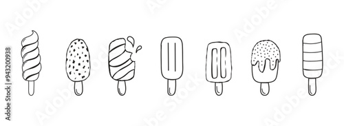 Set popsicles. Ice cream Doodles Set hand drawn. Vector line art collection isolated on white background. Sketch for greeting card decoration, invitation, cafe, menu, card,greeting card.