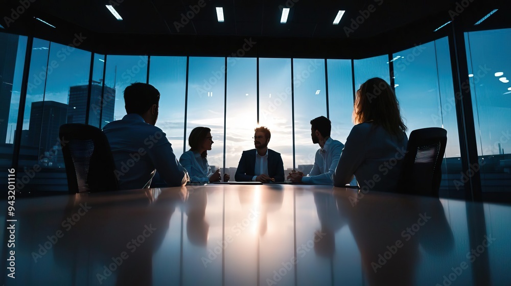 Business team meeting in a modern office with a green plant background