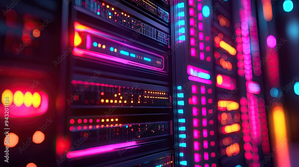Obraz premium A close-up of a server rack with glowing indicators, representing communication technology.