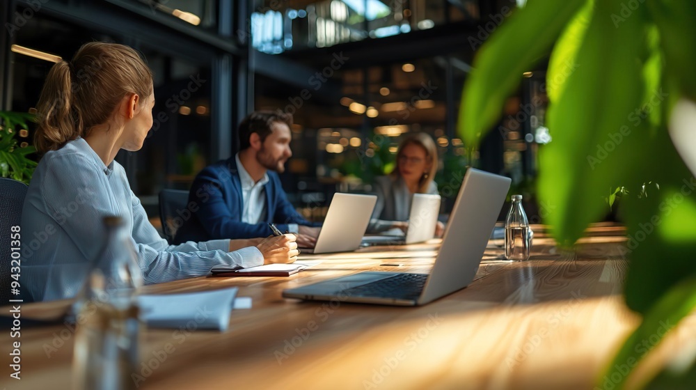 Business team meeting in a modern office with a green plant background Business team meeting in a modern office with a green plant background