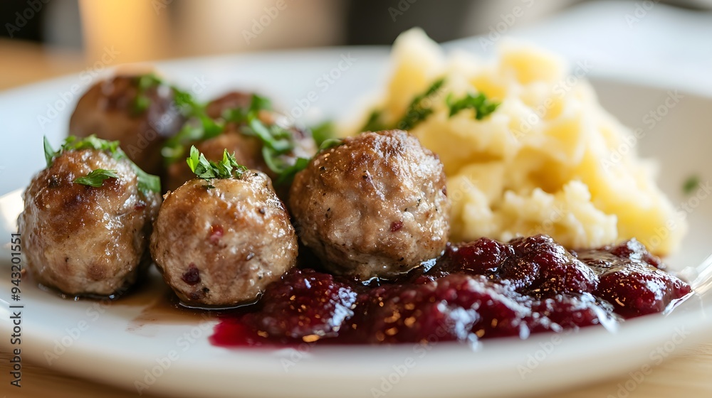 24. A plate of Swedish meatballs with lingonberry sauce 24. A plate of Swedish meatballs with lingonberry sauce
