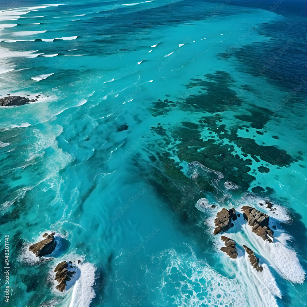 Fototapeta premium Aerial view beautiful of sea waves from drone. Stock image of blue color of ocean water, sea surface, sunset. Top view on turquoise waves, clear water surface texture.