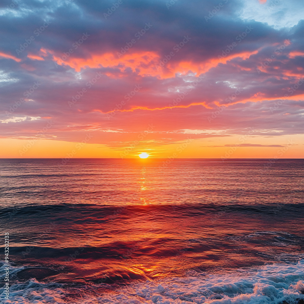 A sunset over a calm ocean with vibrant orange and pink hues. A sunset over a calm ocean with vibrant orange and pink hues.