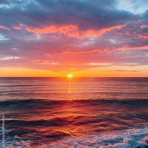 A sunset over a calm ocean with vibrant orange and pink hues.