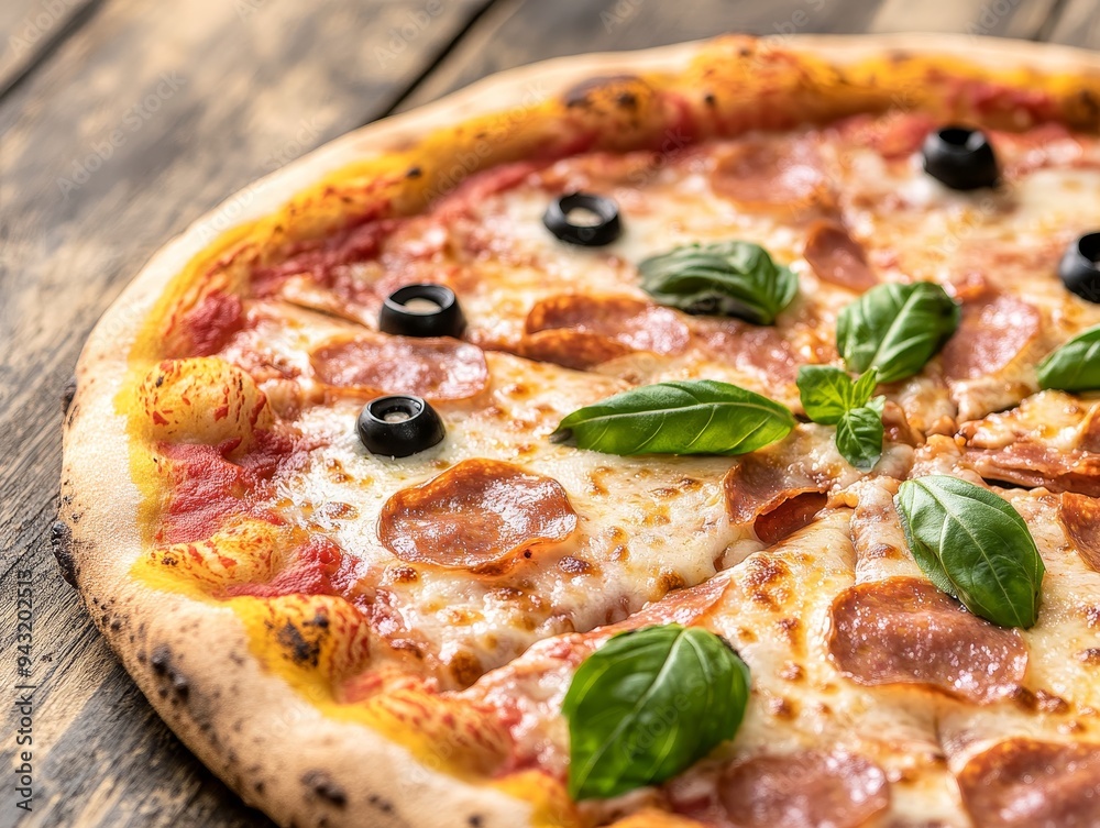 delicious pepperoni pizza with olives and basil on wooden table - italian food photography delicious pepperoni pizza with olives and basil on wooden table - italian food photography