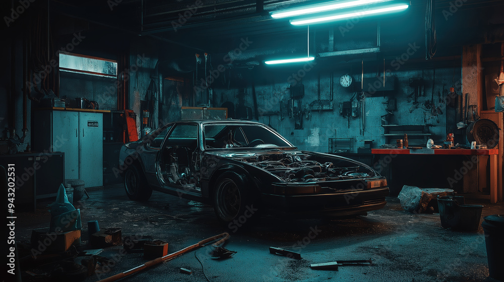 Moody car garage with dramatic lighting featuring a classic project car surrounded by tools and mechanical equipment Moody car garage with dramatic lighting featuring a classic project car surrounded by tools and mechanical equipment