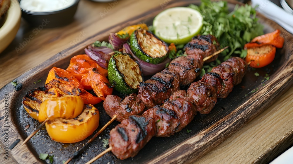 21. A serving of Turkish kebabs with grilled vegetables 21. A serving of Turkish kebabs with grilled vegetables