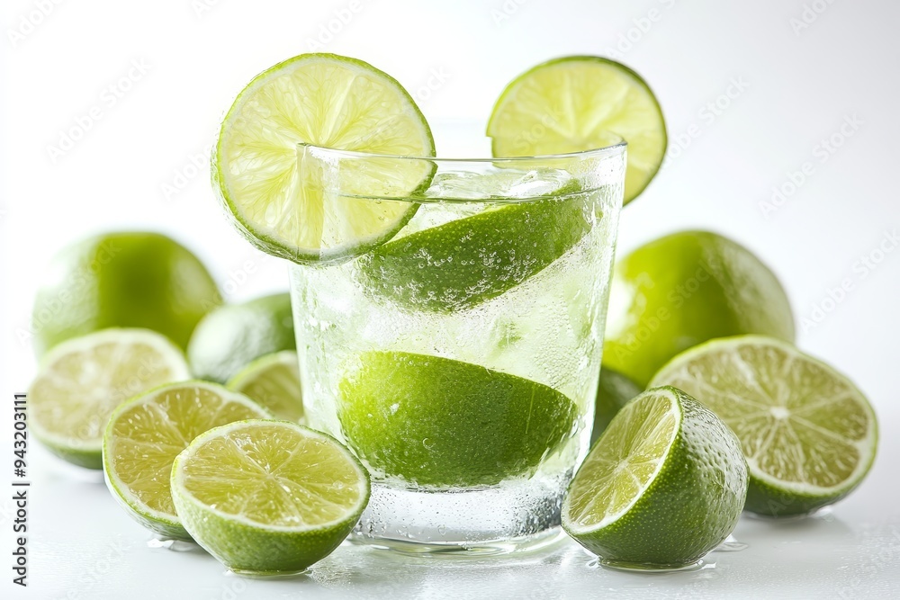 Refreshing Cold Drink with Limes, Close-up of a Glass Surrounded by Fresh Ingredients on White Refreshing Cold Drink with Limes, Close-up of a Glass Surrounded by Fresh Ingredients on White