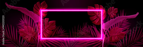 Summer beach night party dark banner template with tropical leaves and rectangular neon glowing frame with empty copy space. Palm tree and monstera foliage with pink fluorescent rectangle border.
