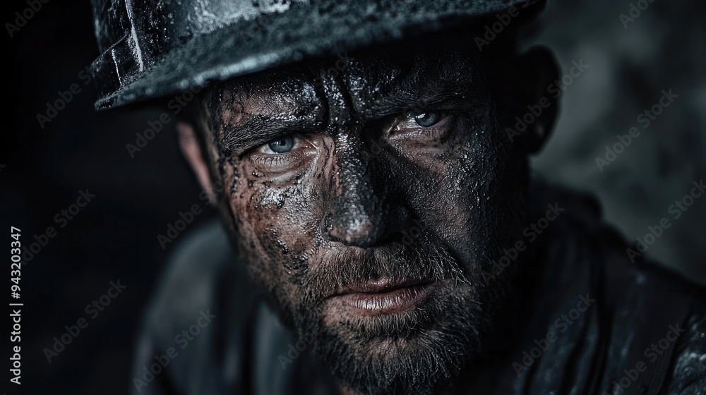 Close-up of a miner face, covered in sweat and dirt, with a determined expression in harsh lighting Close-up of a miner face, covered in sweat and dirt, with a determined expression in harsh lighting