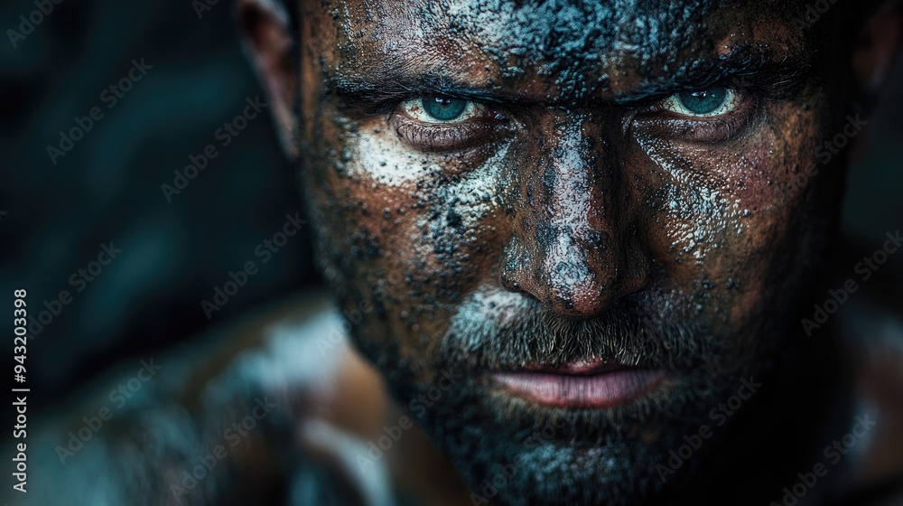 Close-up of a miner face, covered in sweat and dirt, with a determined expression in harsh lighting Close-up of a miner face, covered in sweat and dirt, with a determined expression in harsh lighting