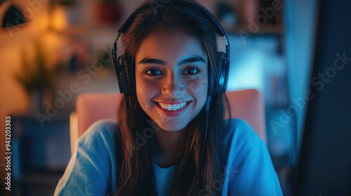 Smiling young woman wearing headphones in a cozy, dimly lit room in front of a computer screen photo