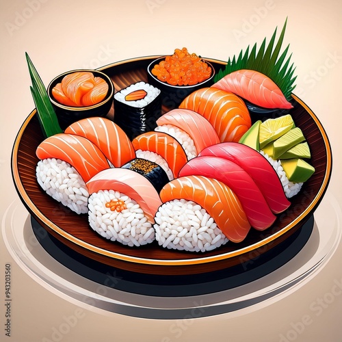 sushi with salmon cartoon illustration of a sushi plate with various types