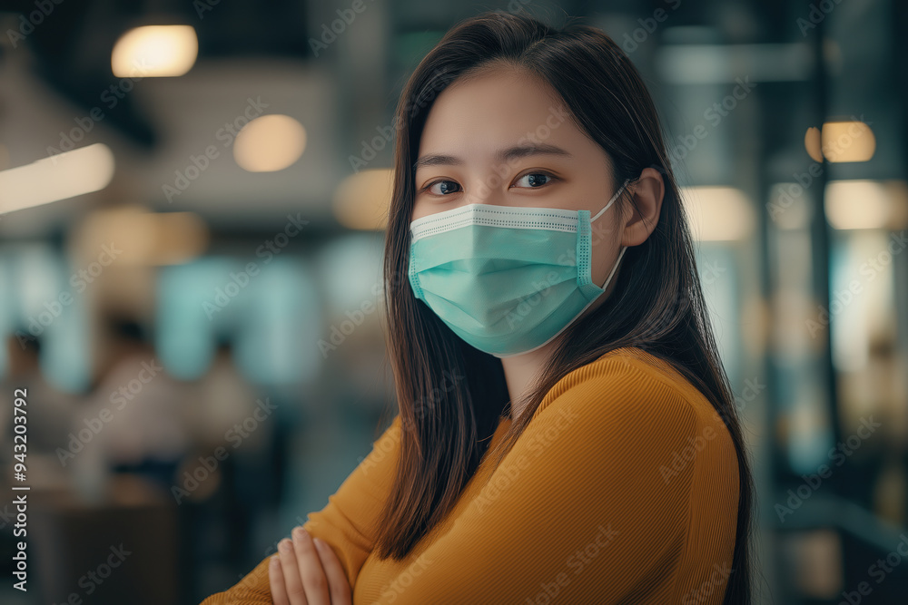 Asian Woman wearing a mask in a modern office setting with blurred background Asian Woman wearing a mask in a modern office setting with blurred background