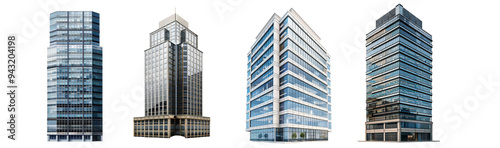 Collection of tall office building realistic image on white or transparent background