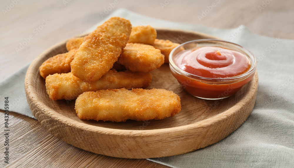 Tasty fried fish fillet nuggets on wooden plate with bowl of sauce. Delicious meal for dinner. Tasty fried fish fillet nuggets on wooden plate with bowl of sauce. Delicious meal for dinner.