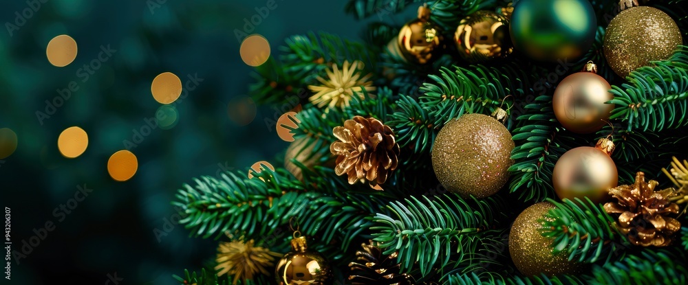 Festive Christmas Tree with Gold Ornaments and Pine Cones Festive Christmas Tree with Gold Ornaments and Pine Cones