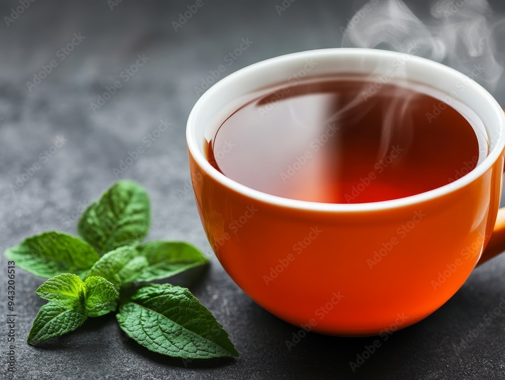 aromatic hot tea in orange mug with fresh mint leaves on dark background - warm beverage concept aromatic hot tea in orange mug with fresh mint leaves on dark background - warm beverage concept