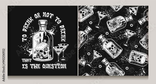 Pattern with bottle, label with potion with human skull inside, martini glass with poisonous cocktail. Distorted spiderweb with crawling spiders on background. Halloween creepy graphics