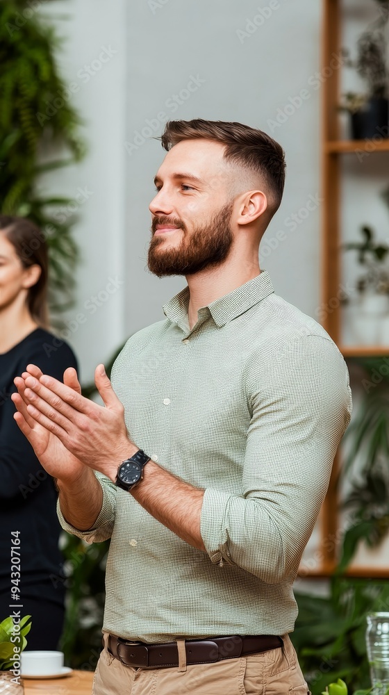 Fototapeta premium smiling man with beard applauding at business meeting with plants in background.
