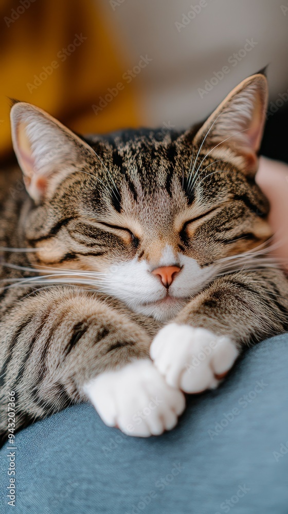 adorable tabby cat napping peacefully on a blue blanket, soft fur, white paws, close-up portrait