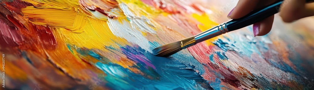 Artist painting a vibrant canvas in a sunlit studio, with paintbrushes and colorful palettes around, Creative, Bright, Detailed Artist painting a vibrant canvas in a sunlit studio, with paintbrushes and colorful palettes around, Creative, Bright, Detailed