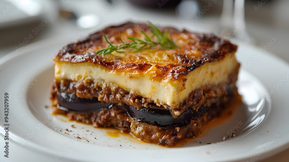 7. A plate of Greek moussaka with layers of eggplant 7. A plate of Greek moussaka with layers of eggplant