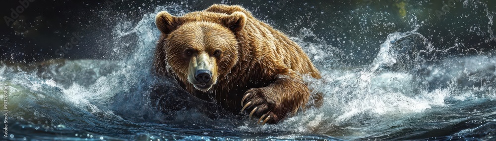 Fototapeta premium Bear fishing in a rushing river, with intense focus and powerful movements, Dynamic, Bright, Detailed