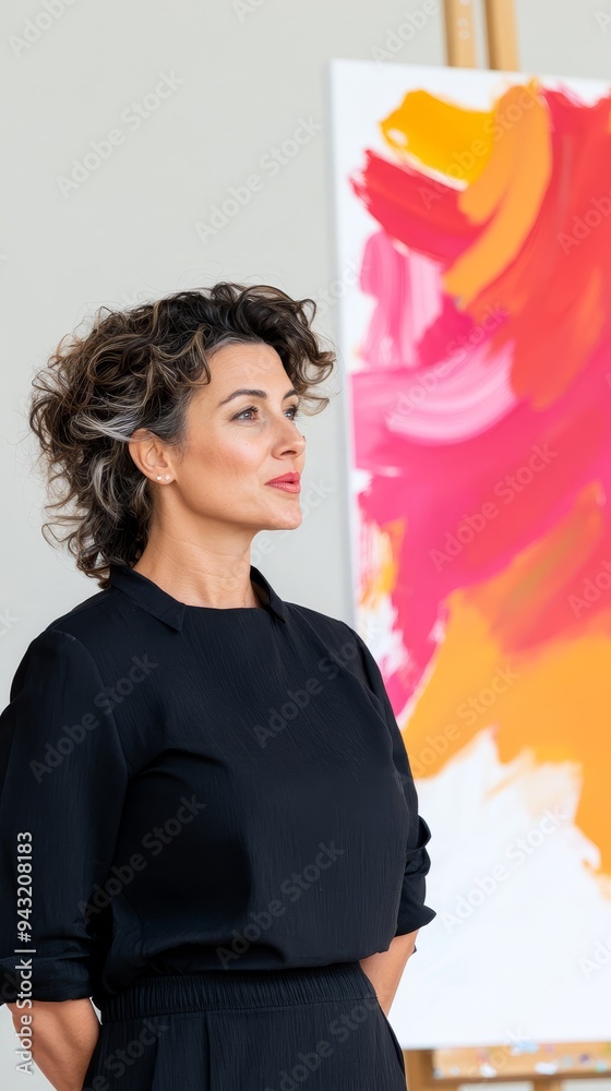 confident female artist standing in front of abstract painting in studio. confident female artist standing in front of abstract painting in studio.