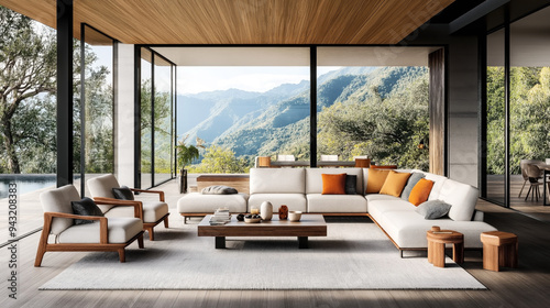 Modern living room with white sectional sofa, orange and gray accent pillows, wooden coffee table, armchairs, and floor-to-ceiling windows with mountain view.