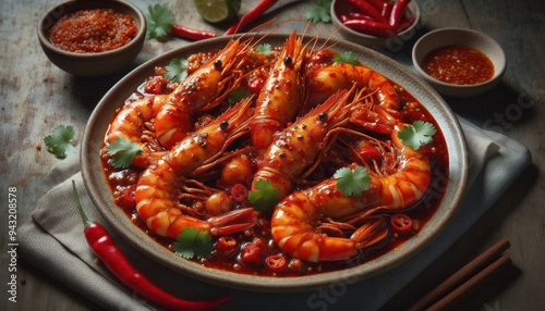 a plate of sambal udang, prawn cook with chilies and onions photo