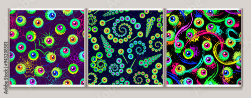 Seamless neon patterns with colorful eyeballs, textured background with distorted spiderweb, smeared, smudged paint. Surreal, psychedelic illustration in vintage style for Halloween holiday.
