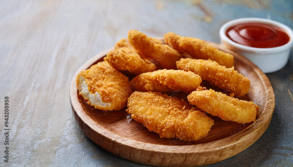 Tasty fried fish fillet nuggets on wooden plate with bowl of sauce. Delicious meal for dinner. Tasty fried fish fillet nuggets on wooden plate with bowl of sauce. Delicious meal for dinner.