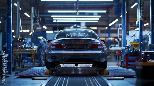 Car on a Lift in a Garage.