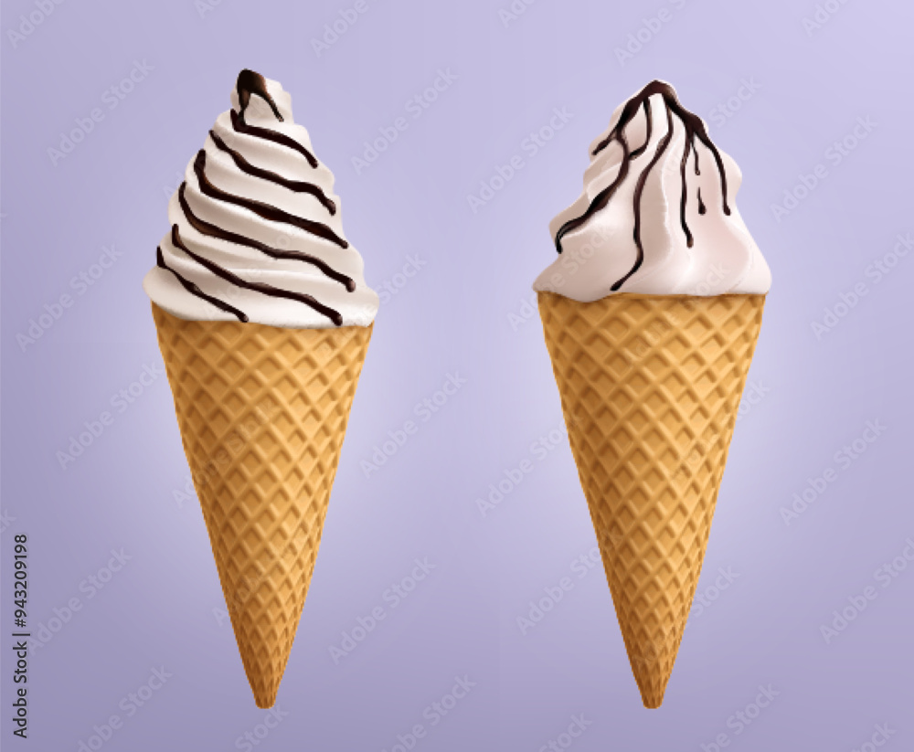 Soft white vanilla swirl ice cream with chocolate syrup in waffle cone. Realistic 3d vector illustration set of sweet cold milk dessert with cocoa liquid topping in cup with waffler texture. Soft white vanilla swirl ice cream with chocolate syrup in waffle cone. Realistic 3d vector illustration set of sweet cold milk dessert with cocoa liquid topping in cup with waffler texture.