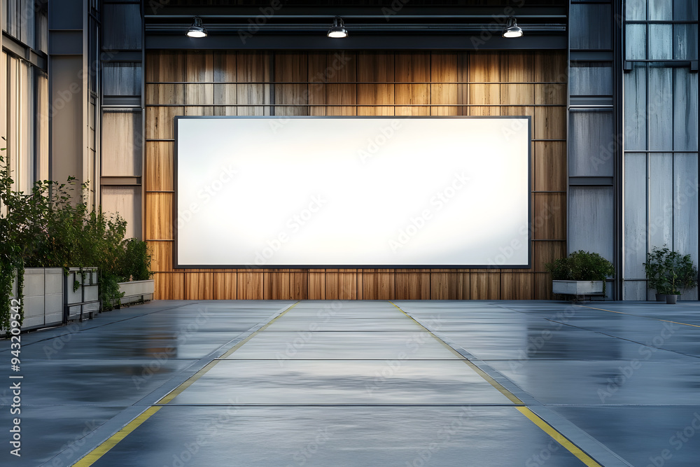 For advertising concept display, a blank billboard mockup is displayed within an interior setting with wooden walls and metal frames. For advertising concept display, a blank billboard mockup is displayed within an interior setting with wooden walls and metal frames.