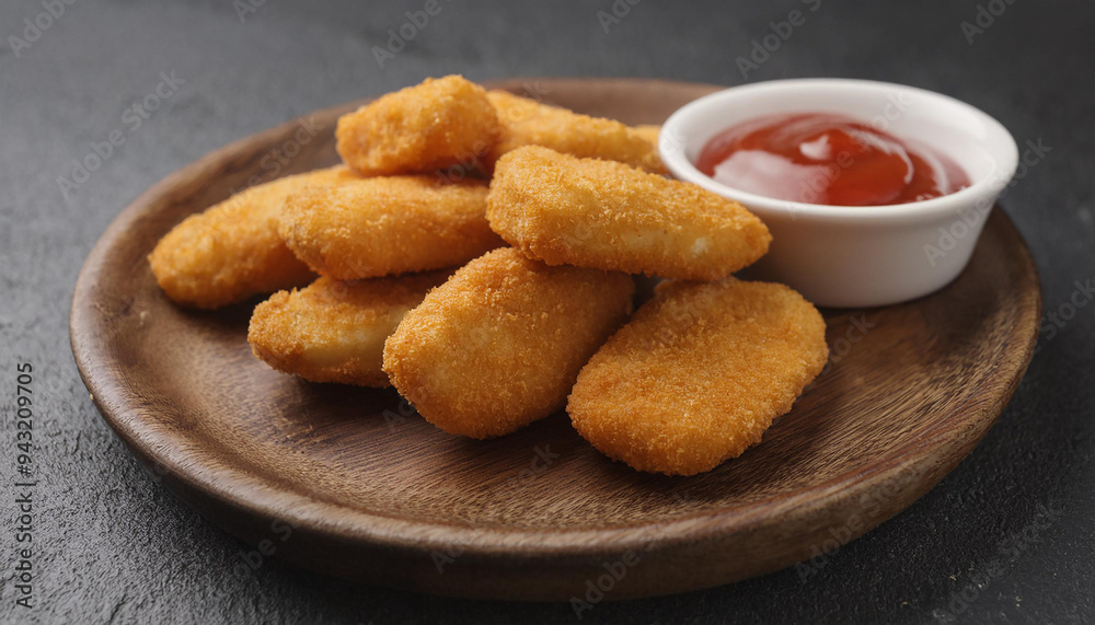 Tasty fried fish fillet nuggets on wooden plate with bowl of sauce. Delicious meal for dinner. Tasty fried fish fillet nuggets on wooden plate with bowl of sauce. Delicious meal for dinner.