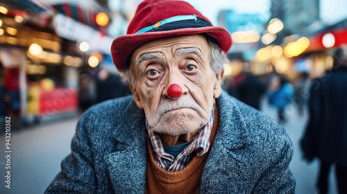 Elderly man wearing a red clown nose and a red hat, with a serious expression, in an urban street setting with blurred lights and people.