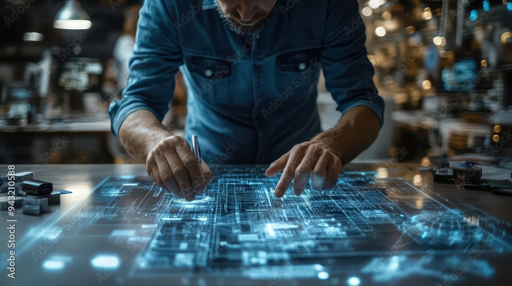 Engineer designing a blueprint on a digital tablet, in a modern workspace with 3D models around, Innovative, Bright, Detailed Engineer designing a blueprint on a digital tablet, in a modern workspace with 3D models around, Innovative, Bright, Detailed