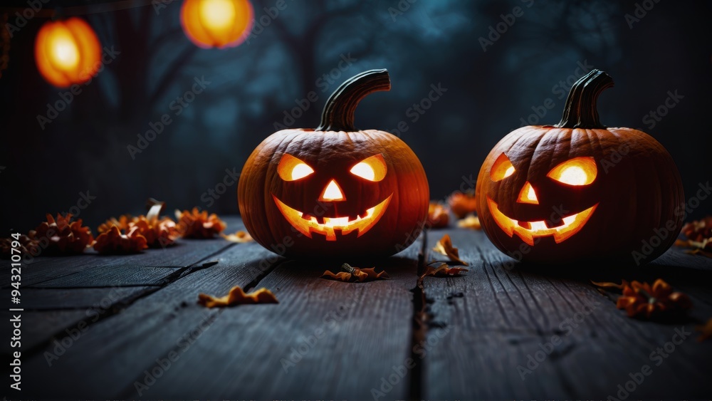 Halloween jack-o-lantern pumpkins with glowing faces illuminated in autumn evening Halloween jack-o-lantern pumpkins with glowing faces illuminated in autumn evening