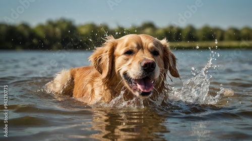 Golden retriever splashing in water on sunny day