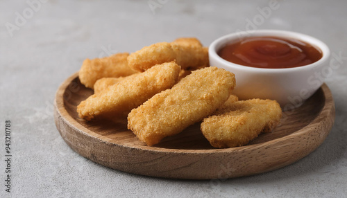 Tasty fried fish fillet nuggets on wooden plate with bowl of sauce. Delicious meal for dinner.