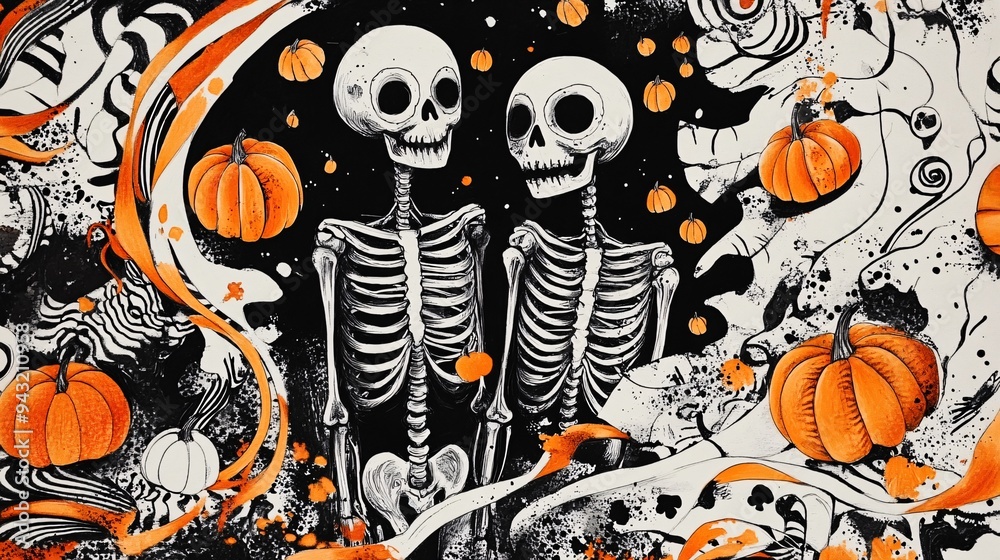 illustration of two skeletons with pumpkins illustration of two skeletons with pumpkins