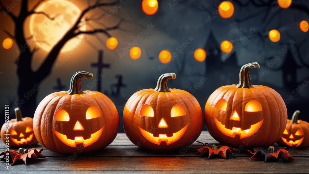 Carved pumpkin lanterns shine under the full moon on Halloween Carved pumpkin lanterns shine under the full moon on Halloween