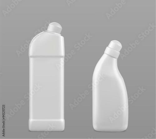 Householding detergent white blank plastic bottle mockup. Realistic 3d vector illustration set of laundry and home cleaning liquid or gel chemical product container and packaging for branding design.