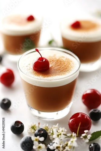 Three Refreshing Cocktails Garnished with Cherries on White Background, Perfect for Summer