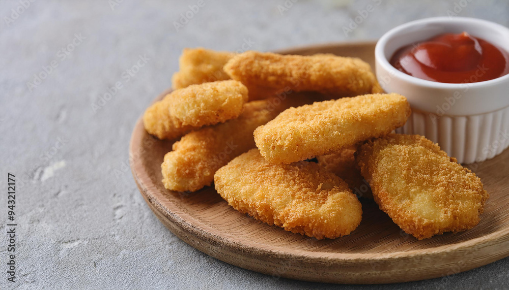Tasty fried fish fillet nuggets on wooden plate with bowl of sauce. Delicious meal for dinner. Tasty fried fish fillet nuggets on wooden plate with bowl of sauce. Delicious meal for dinner.